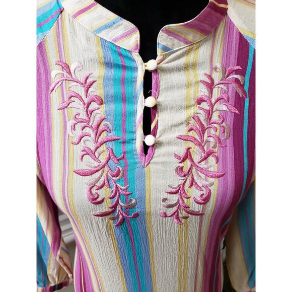 Reba Blouse Top Women S Multicolor Striped Cotton Embroidered Boho Festival - Picture 4 of 11